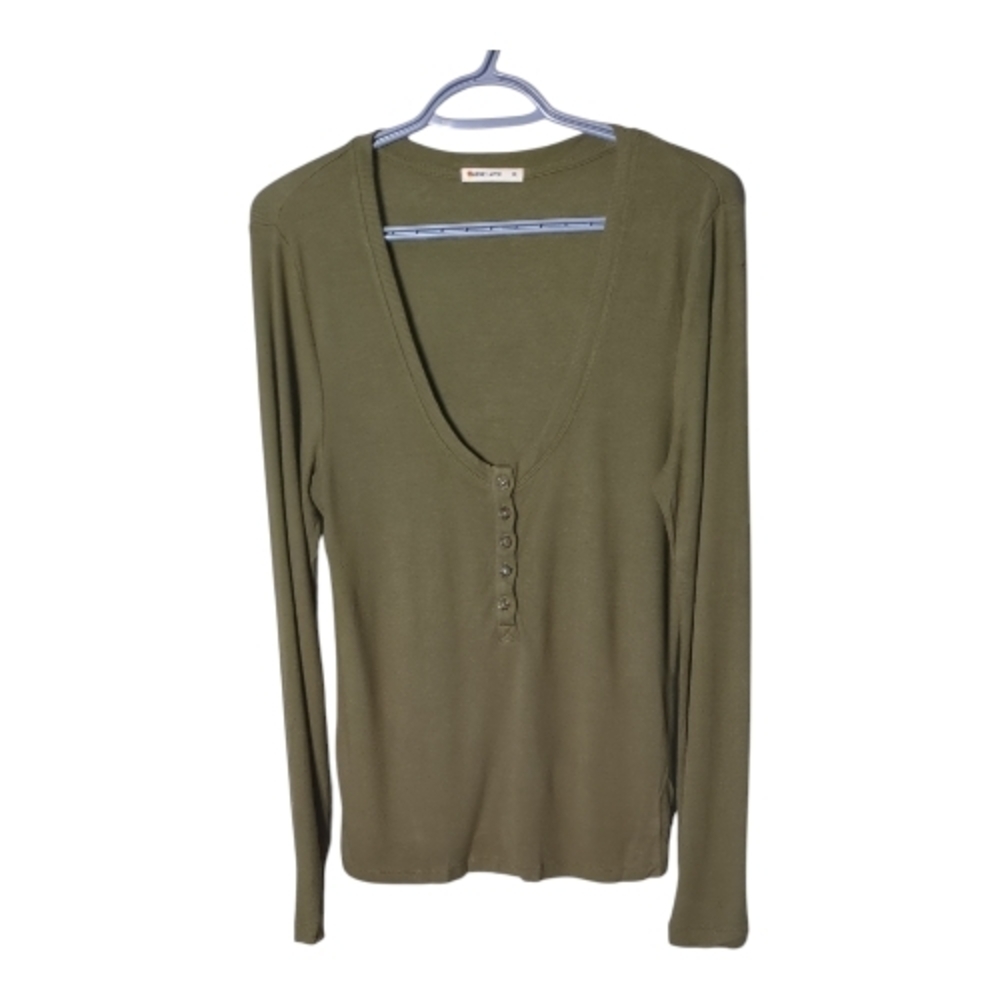 Marine Layer Lexi Rib 5 Button Henley Long Sleeve Burnt Olive Green Size XL